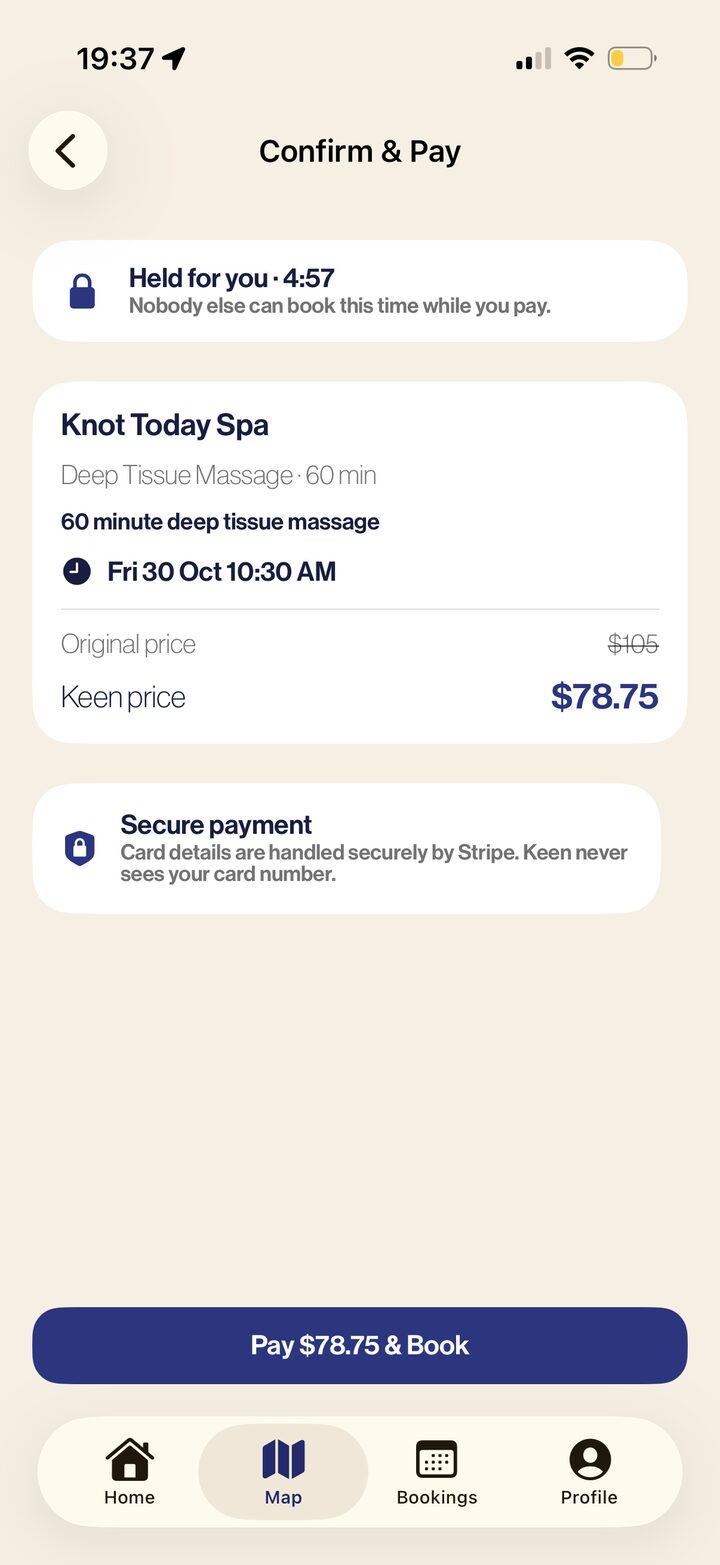 Keen app Confirm & Pay screen for a 60 minute deep tissue massage at Knot Today Spa, discounted from $105 to $78.75