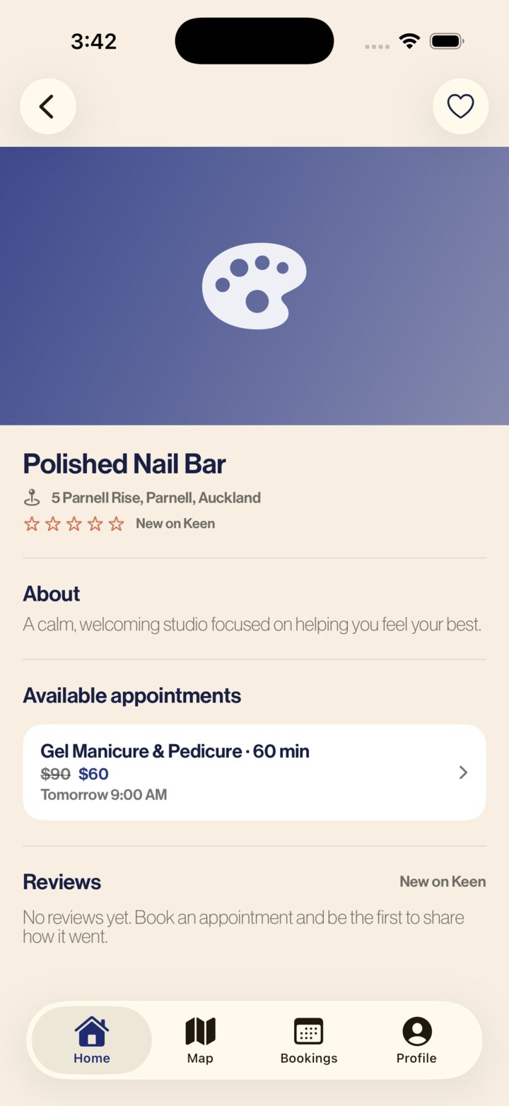 Keen app business page for Polished Nail Bar with available discounted appointments