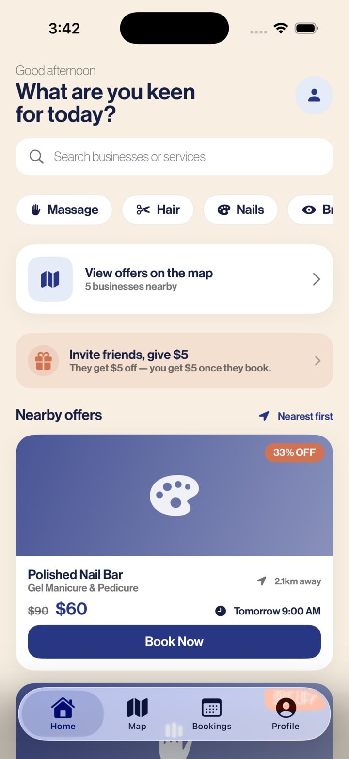 Keen app home screen showing nearby discounted offers, like 33% off at Polished Nail Bar