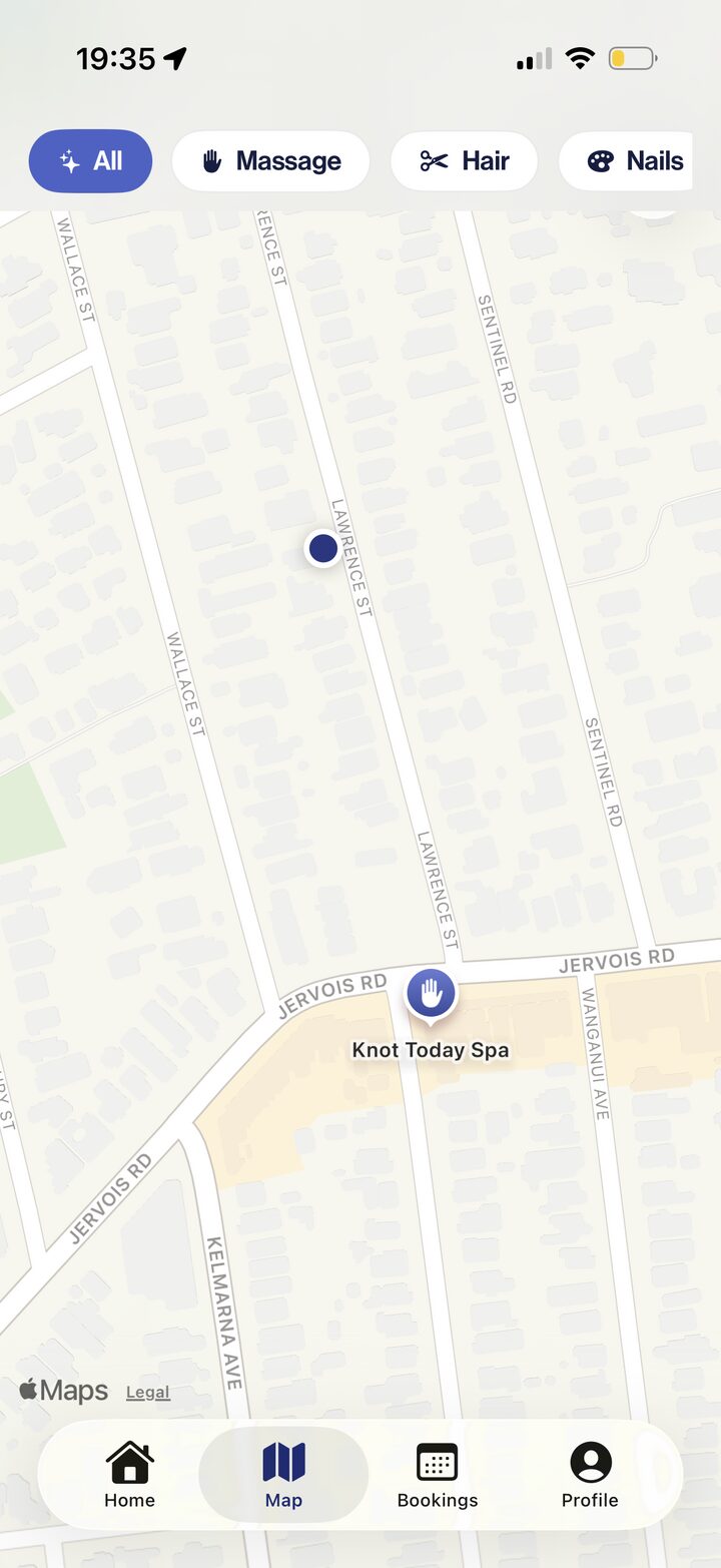 Keen app map view showing nearby businesses, like Knot Today Spa, with filters for massage, hair and nails